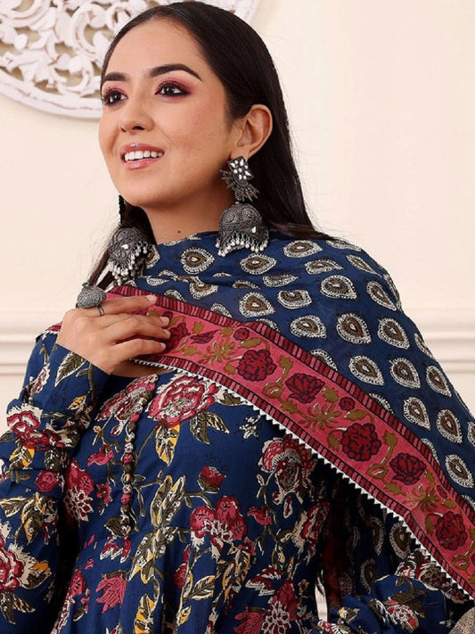 BYMNVYR Blue Floral Anarkali Kurta Set with Dupatta – Rayon Festival & Daily Wear Suit for Women