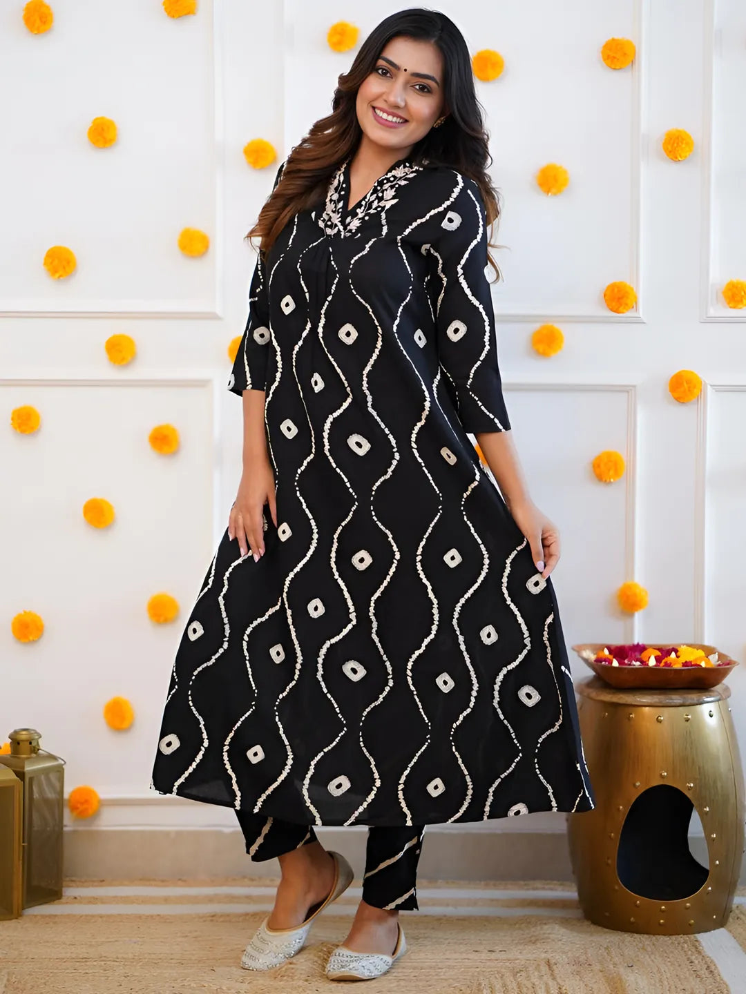 BYMNVYR Black Handwork Kurta Set for Women – Rayon Printed Kurta with Pants, Three-Quarter Sleeves