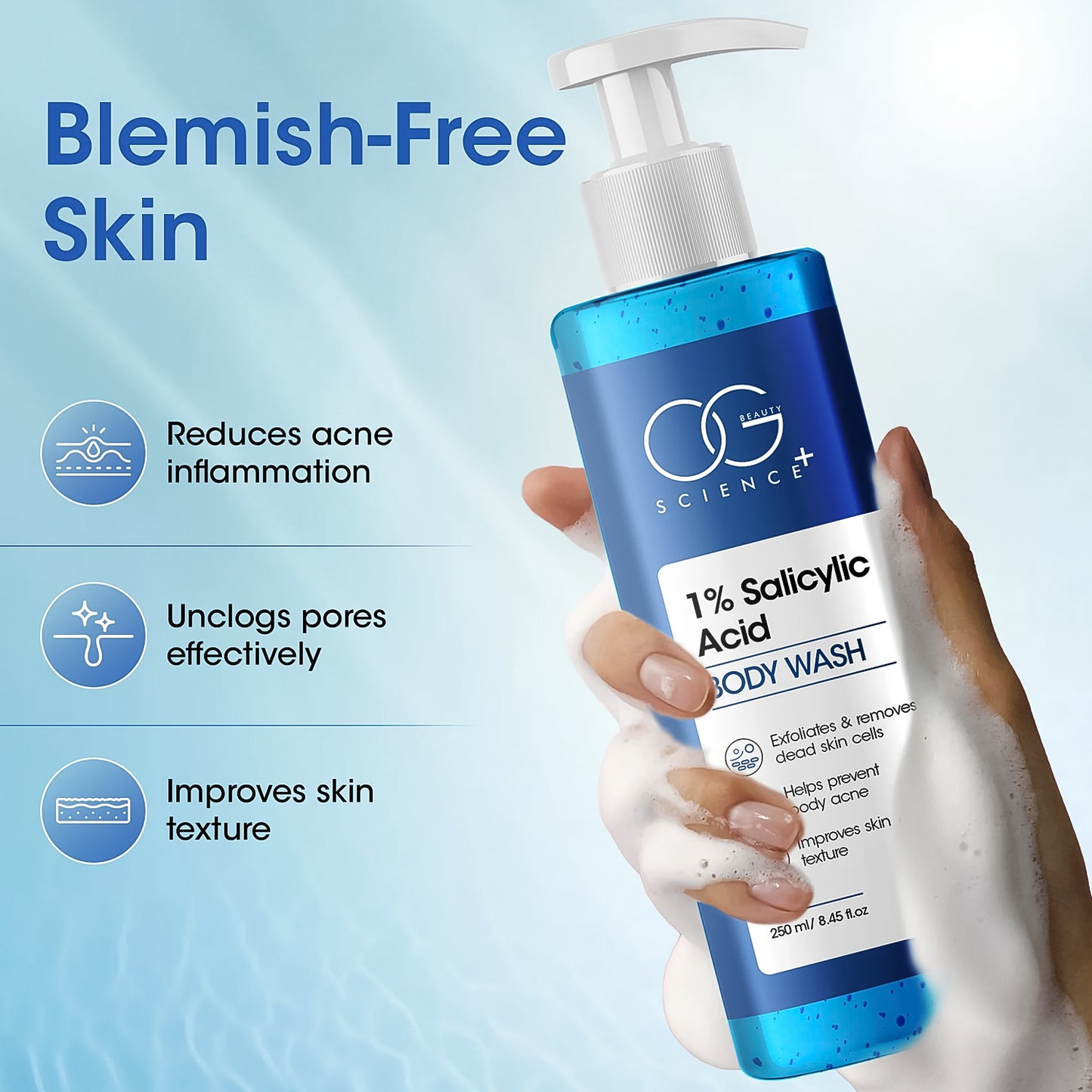 OG Beauty Science+ 1% Salicylic Acid Body Wash – Exfoliating Anti-Acne Shower Gel for Smooth, Clear & Healthy Skin – 250 ML Pump Bottle
