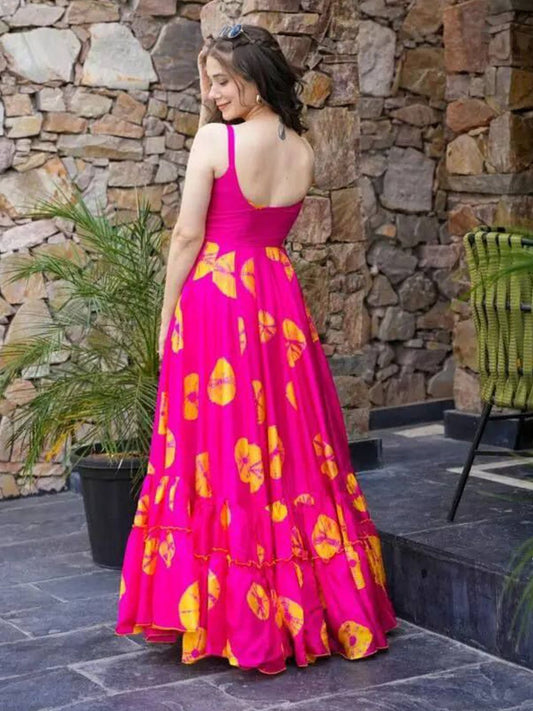 Pink Floral Georgette Maxi Dress – Flared Party Wear Gown
