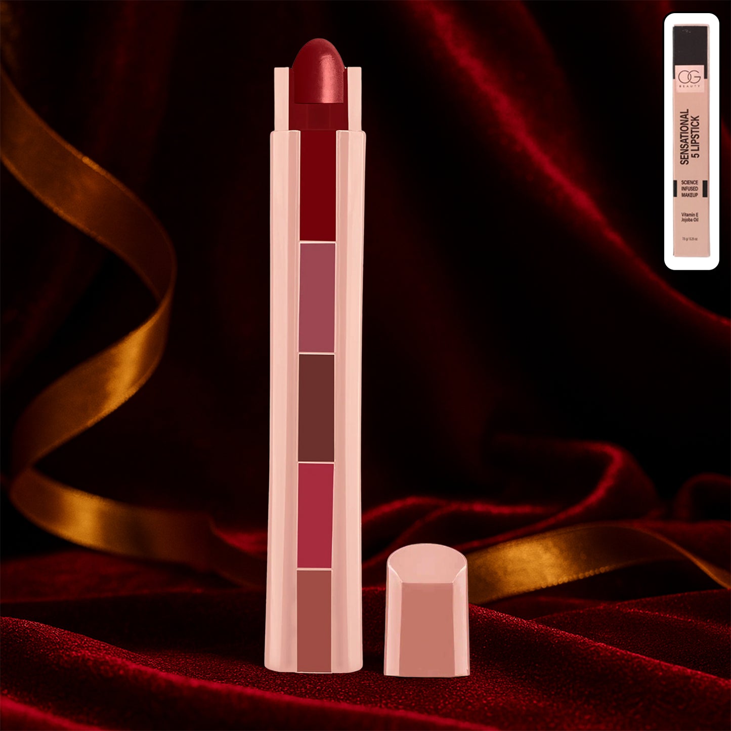 OG Beauty Sensational 5-in-1 Lipstick – Multi-Color Stick with Vitamin E – Long Lasting Matte & Creamy Finish – 7.5 GM – Travel-Friendly Lip Makeup