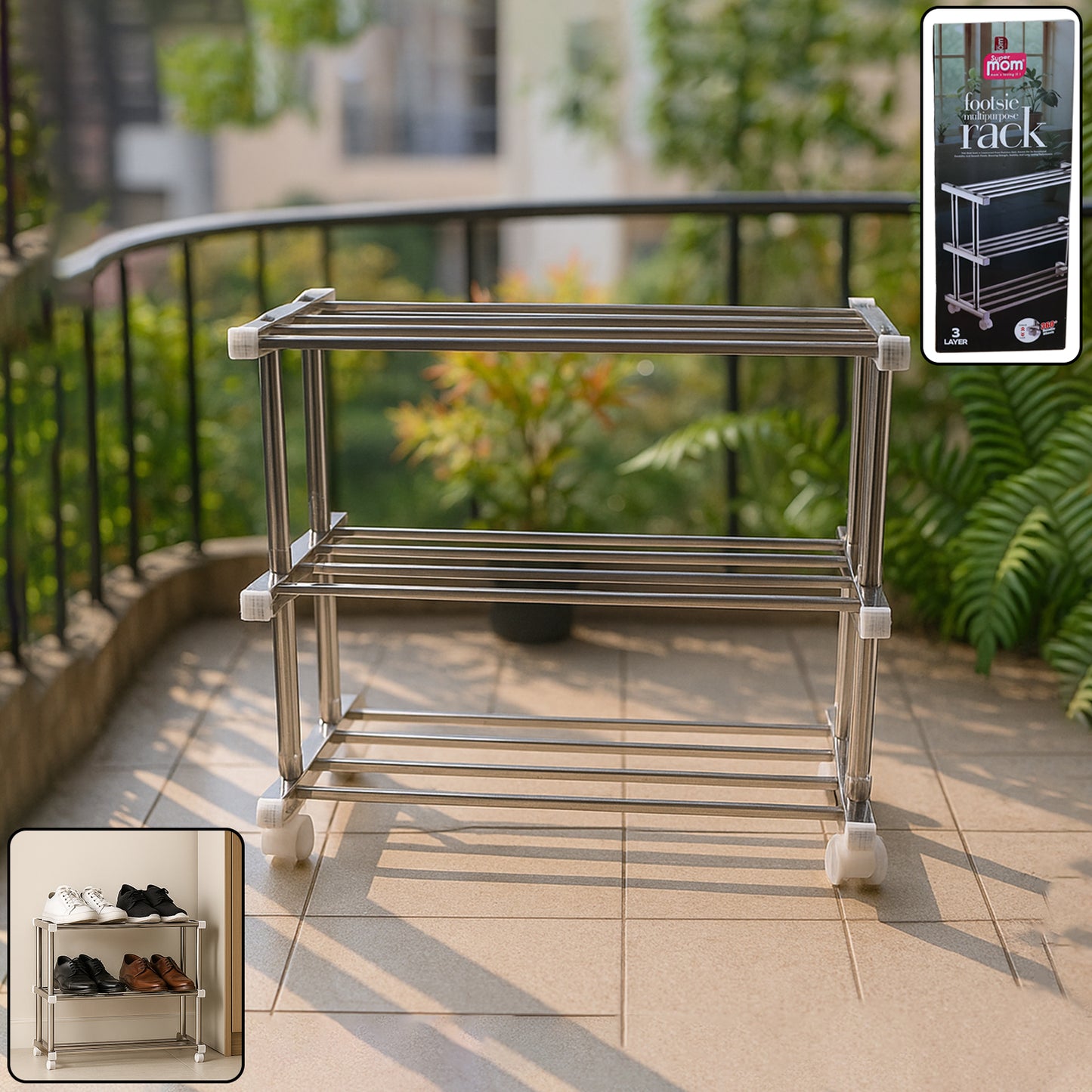 Supermom 3-Layer Stainless Steel Multipurpose Shoe & Storage Rack – Space-Saving Organizer Stand for Footwear, Utility Items, and Home Use