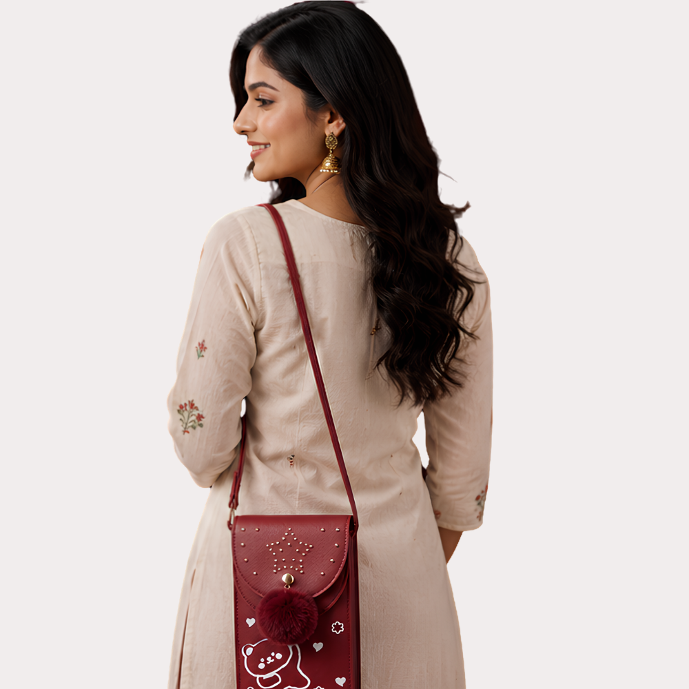 Ruby Star Mini Crossbody Phone Pouch for Women | Cute Sling Bag with Pom-Pom Charm | Stylish Mobile Wallet Purse