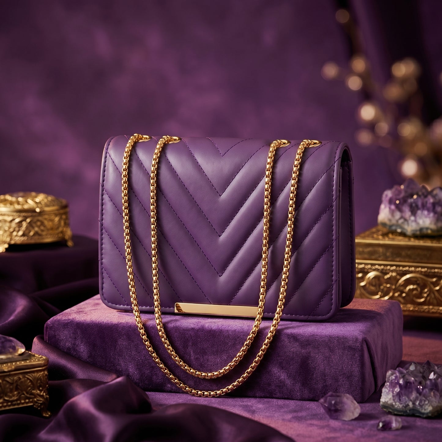 Royal Orchid Quilted Chain Sling Bag for Women | Luxury Purple Shoulder Handbag with Gold Chain Strap
