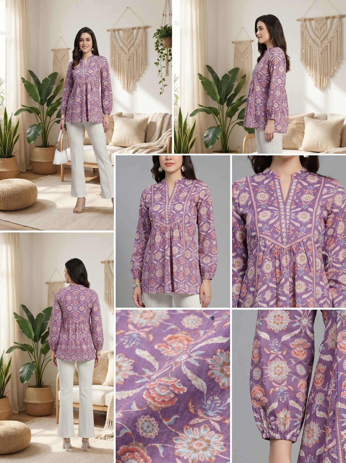 Purple Printed Cotton A-Line Top for Women | Ethnic Motif Mandarin Collar Top