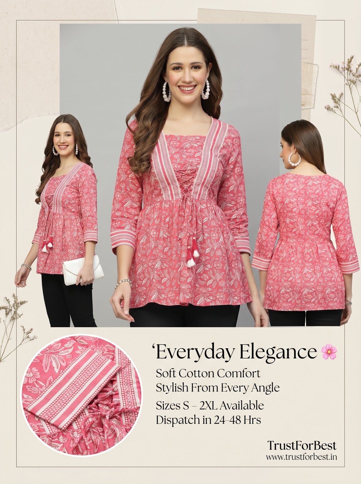 Pink Floral Cotton Empire Top for Women | Longline Square Neck Tie-Up Top