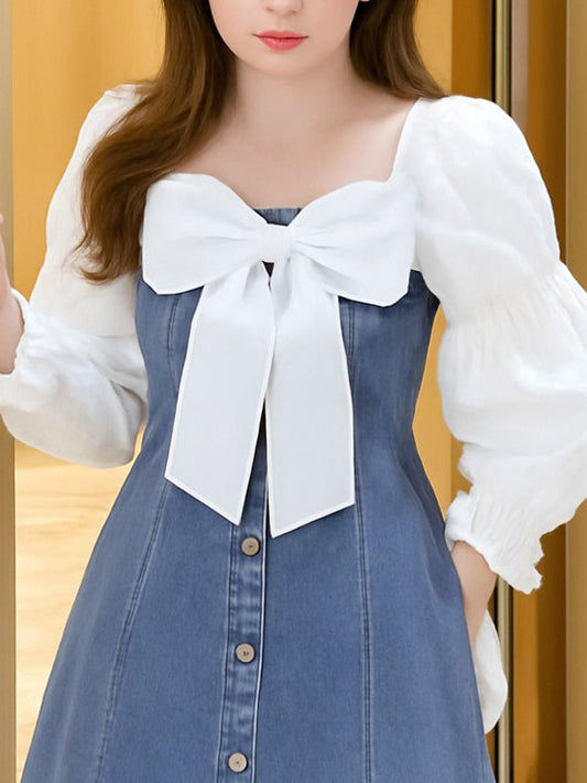 Square Neck Puff Sleeve Denim A-Line Dress
