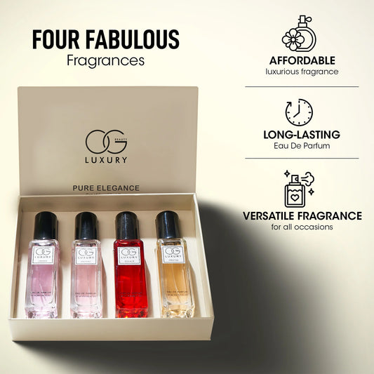 OG Beauty Luxury Pure Elegance Eau De Parfum Gift Set – 4 Pcs (Charade, Solace, Enchant, Pristine) | 20 ml Each – Long-Lasting Premium Fragrances for Men & Women