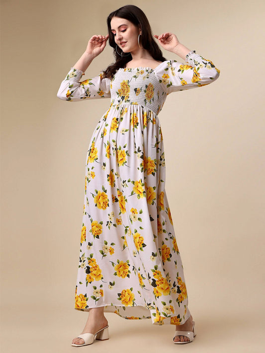 White Floral Square Neck Dress – Elegant Skater Style
