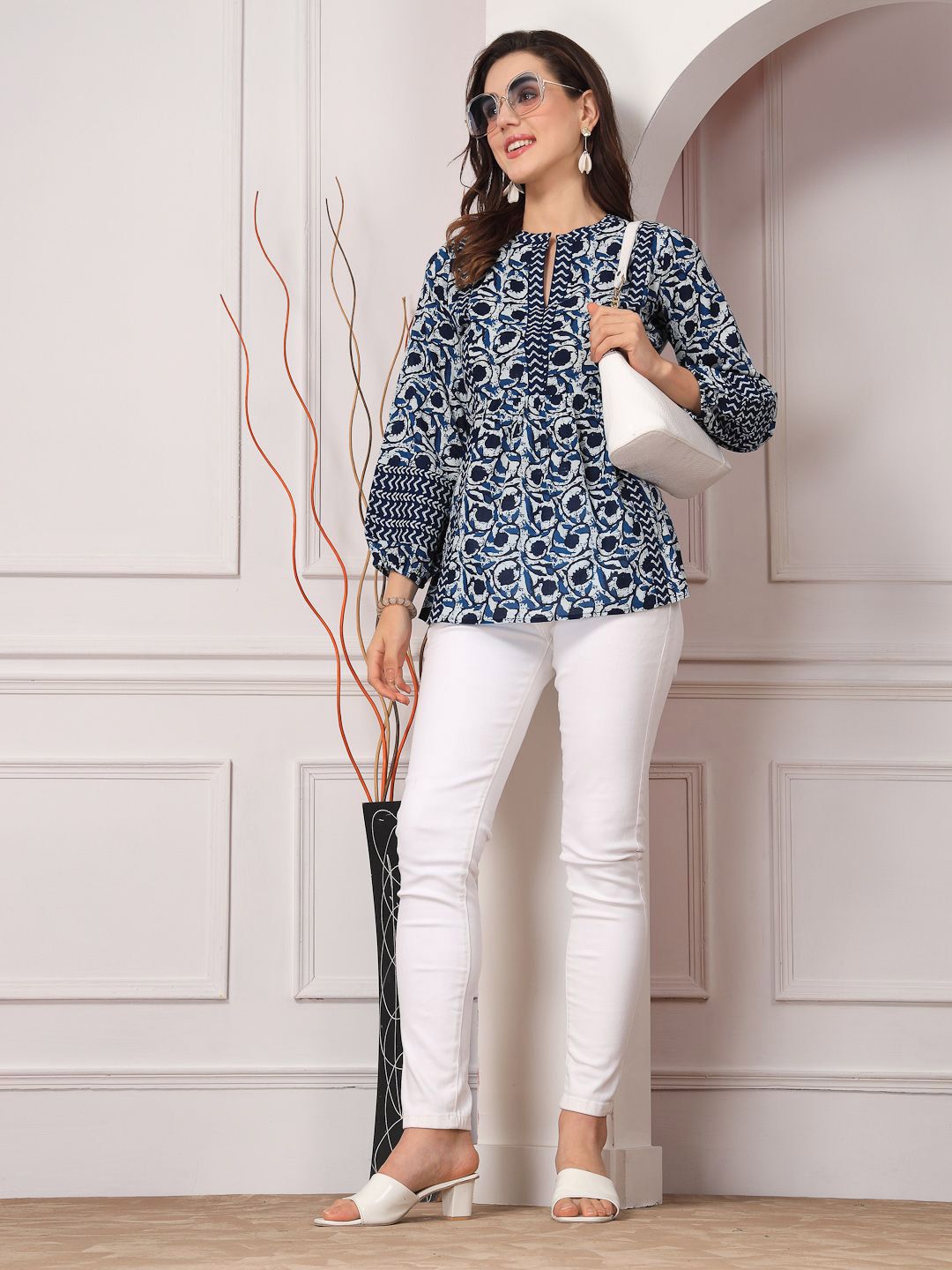 Navy Blue Ethnic Motifs A-Line Top for Women | Cotton | Mandarin Collar