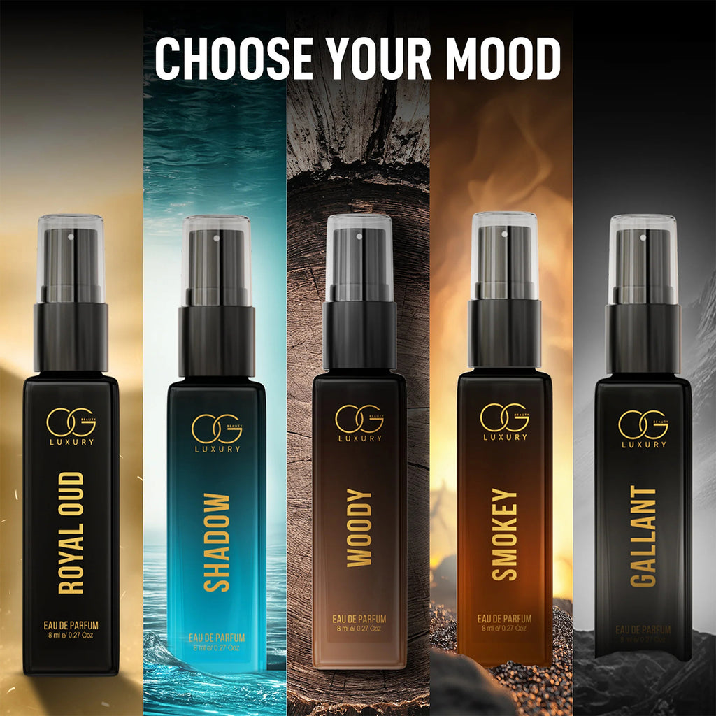 OG Luxury Perfume Combo Pack – Set of 5 Premium Eau de Parfum for Men (Gallant, Woody, Shadow, Smokey, Royal Oud) – Long Lasting Modern Signature Fragrances with Bold, Woody, Smoky & Oriental Notes – Travel-Friendly 8 ML Each (5 Pc, Total 40 ML)