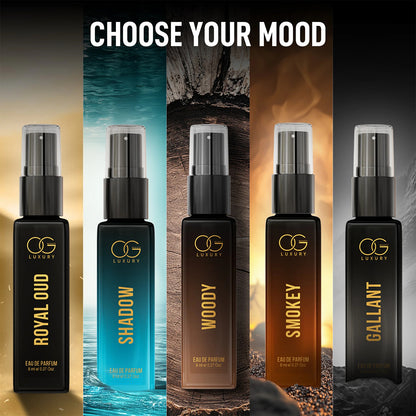 OG Luxury Perfume Combo Pack – Set of 5 Premium Eau de Parfum for Men (Gallant, Woody, Shadow, Smokey, Royal Oud) – Long Lasting Modern Signature Fragrances with Bold, Woody, Smoky & Oriental Notes – Travel-Friendly 8 ML Each (5 Pc, Total 40 ML)