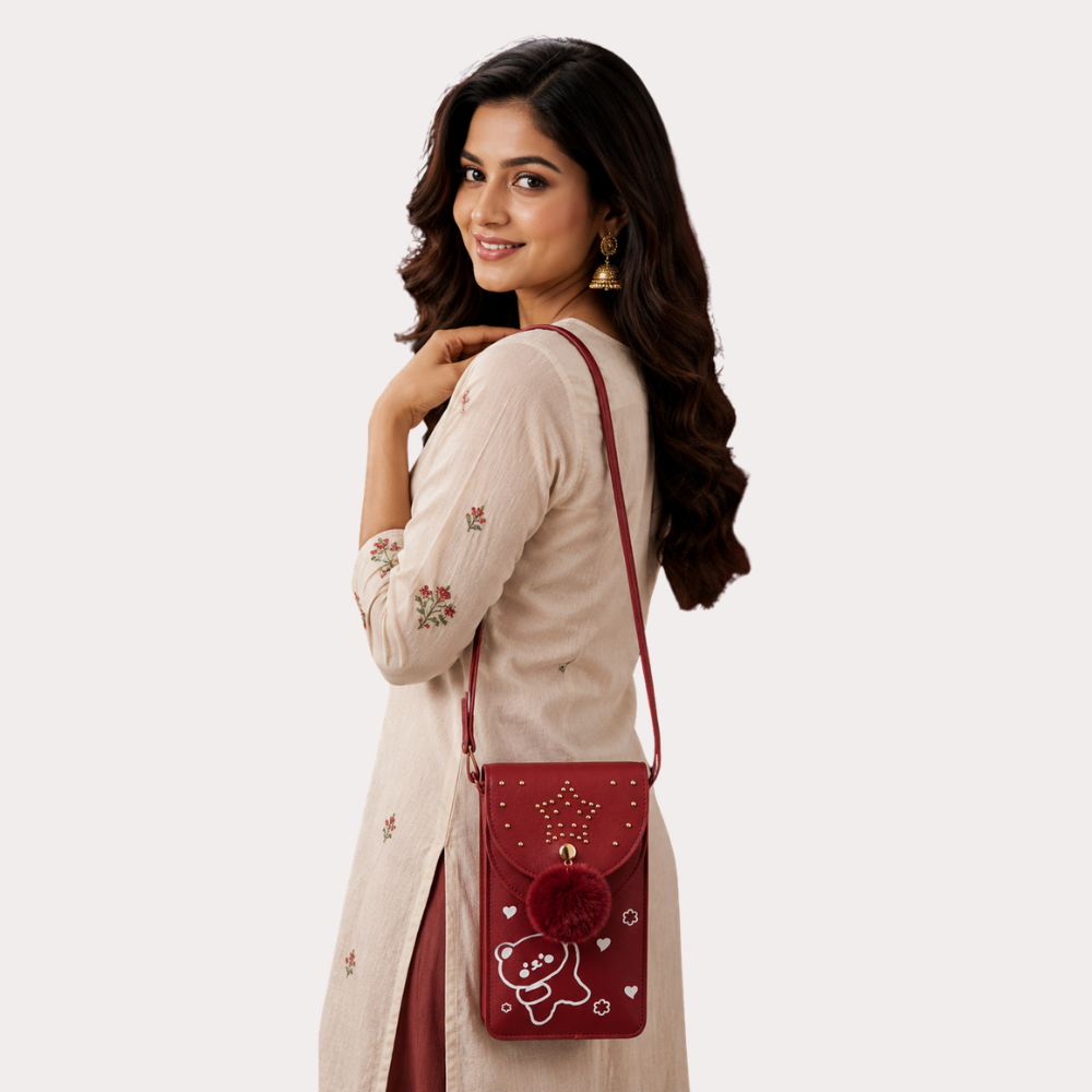 Ruby Star Mini Crossbody Phone Pouch for Women | Cute Sling Bag with Pom-Pom Charm | Stylish Mobile Wallet Purse