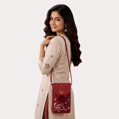 Ruby Star Mini Crossbody Phone Pouch for Women | Cute Sling Bag with Pom-Pom Charm | Stylish Mobile Wallet Purse
