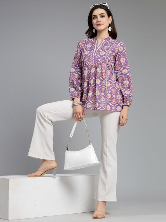 Purple Printed Cotton A-Line Top for Women | Ethnic Motif Mandarin Collar Top