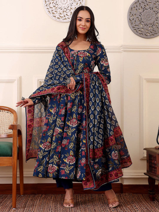 BYMNVYR Blue Floral Anarkali Kurta Set with Dupatta – Rayon Festival & Daily Wear Suit for Women