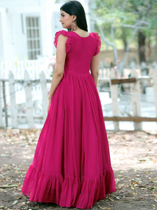 BYMN Floral Embroidered Square Neck Georgette Ruffles Ethnic Gown for Women
