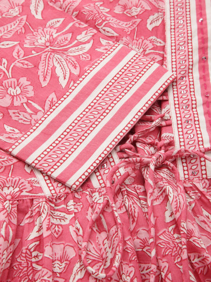 Pink Floral Cotton Empire Top for Women | Longline Square Neck Tie-Up Top