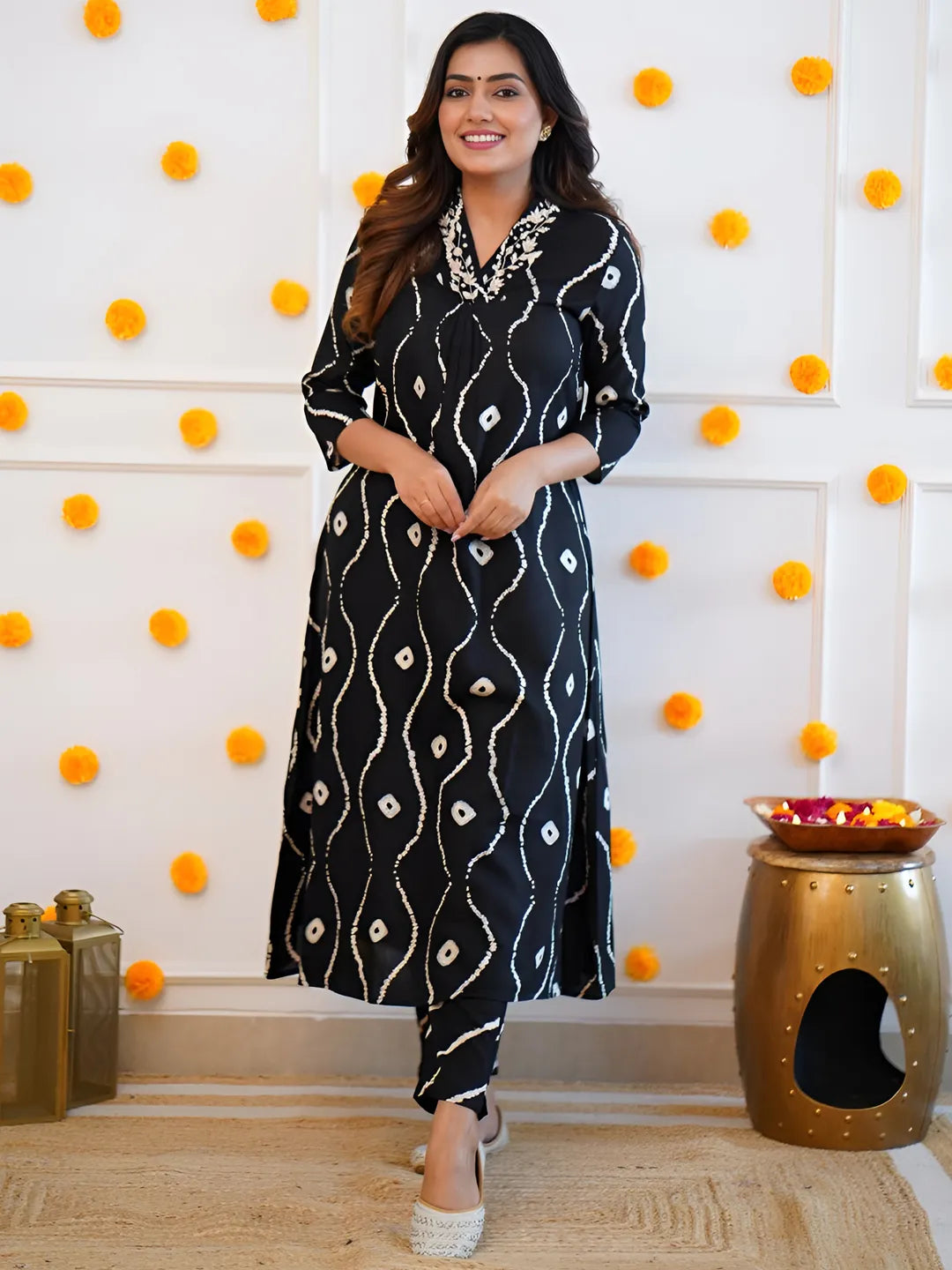 BYMNVYR Black Handwork Kurta Set for Women – Rayon Printed Kurta with Pants, Three-Quarter Sleeves