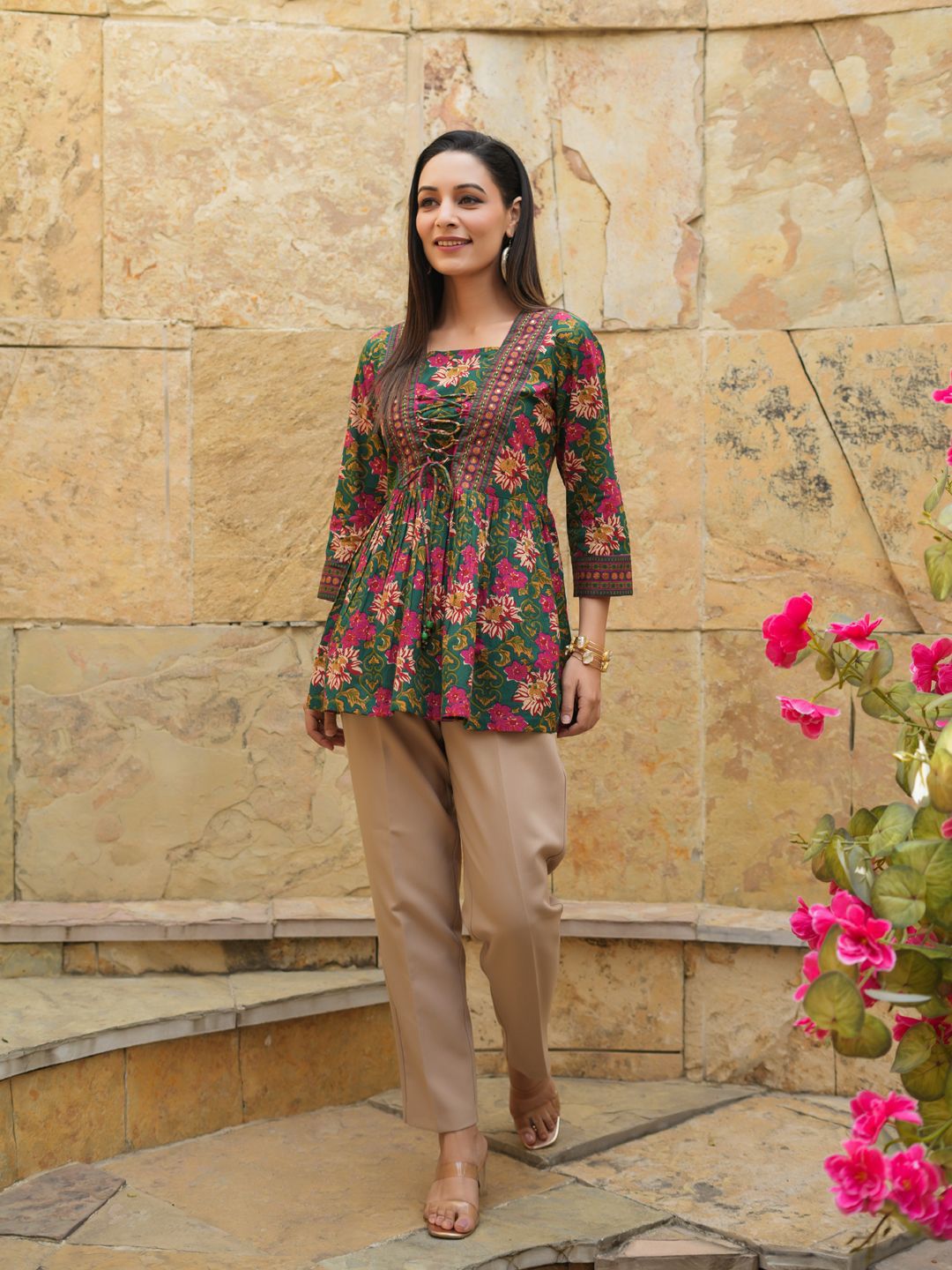 Women’s Floral Printed Rayon Peplum Top – V-Neck Tie-Up Kurti