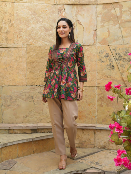 Women’s Floral Printed Rayon Peplum Top – V-Neck Tie-Up Kurti