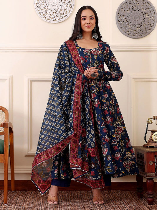 BYMNVYR Blue Floral Anarkali Kurta Set with Dupatta – Rayon Festival & Daily Wear Suit for Women