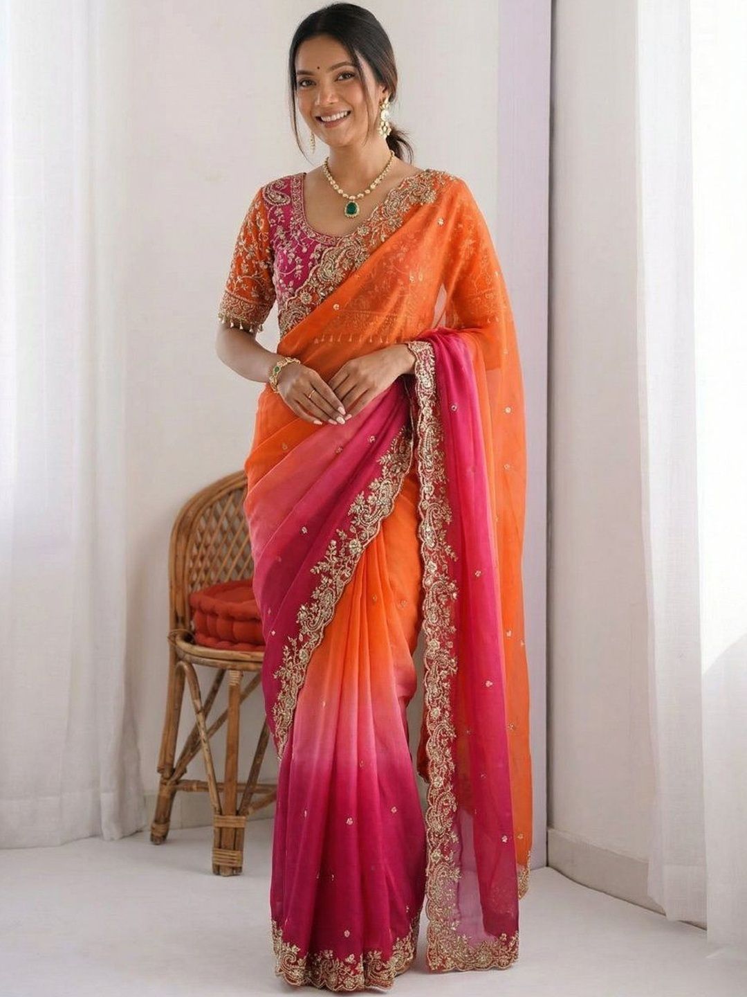Multicoloured & Orange Ombre Dyed Embroidered Saree