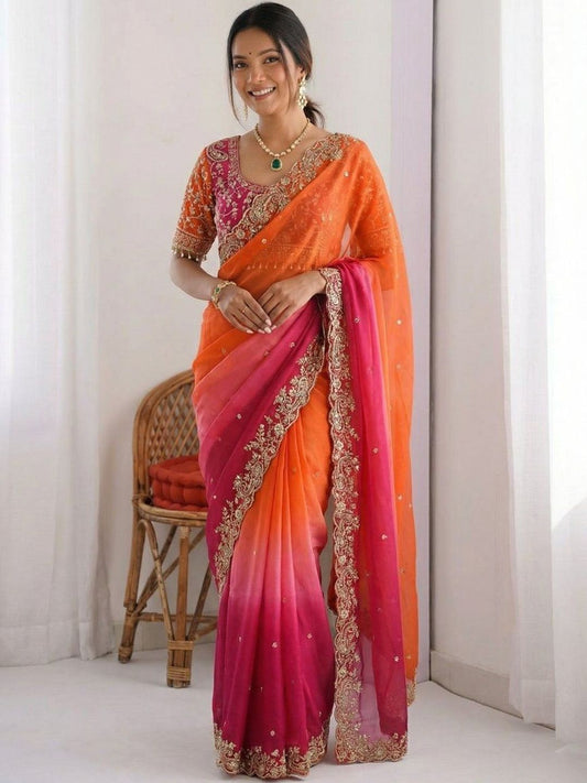 Multicoloured & Orange Ombre Dyed Embroidered Saree
