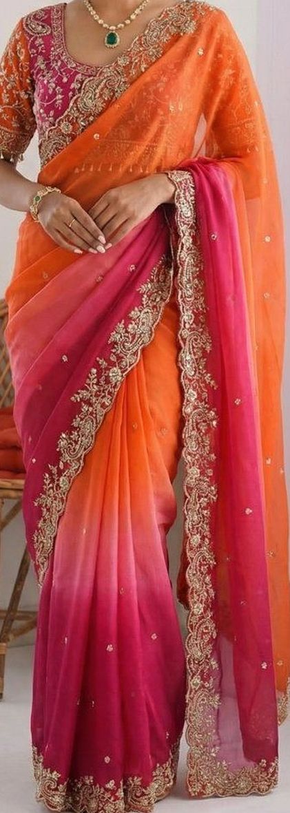 Multicoloured & Orange Ombre Dyed Embroidered Saree