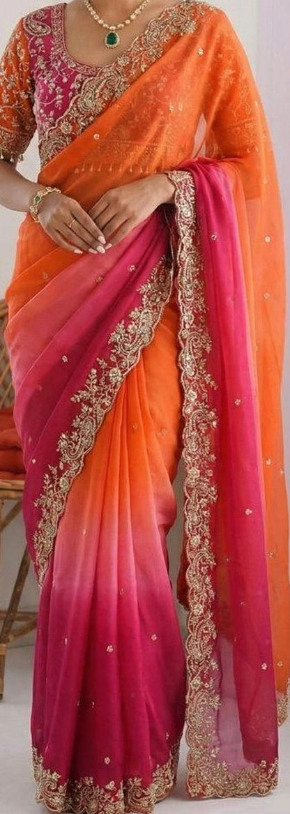 Multicoloured & Orange Ombre Dyed Embroidered Saree