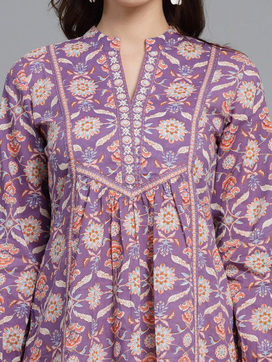 Purple Printed Cotton A-Line Top for Women | Ethnic Motif Mandarin Collar Top