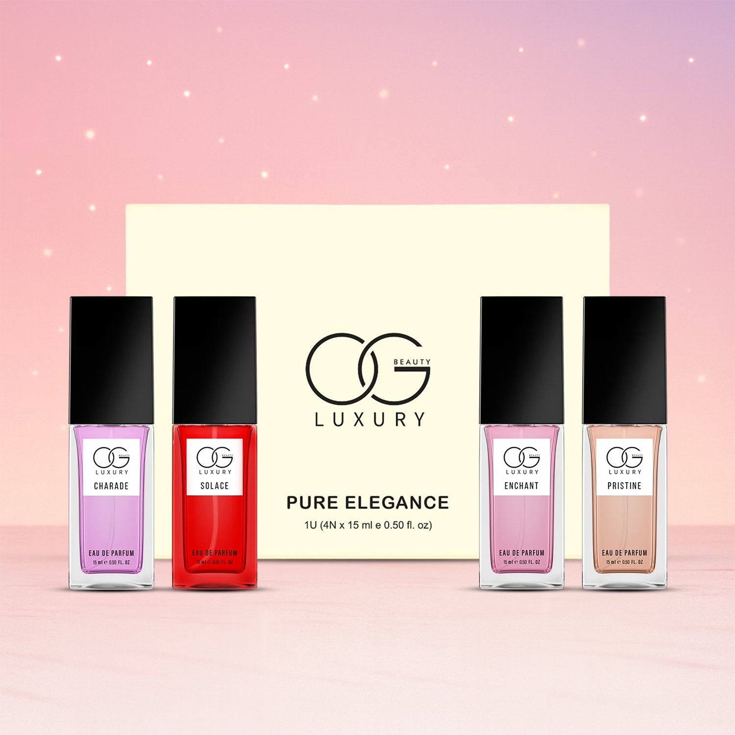 OG Beauty Luxury Pure Elegance Eau De Parfum Gift Set – 4 Pcs Premium Long Lasting Perfumes – Charade, Solace, Enchant & Pristine – 15 ML Each – Unisex Travel & Gift Collection