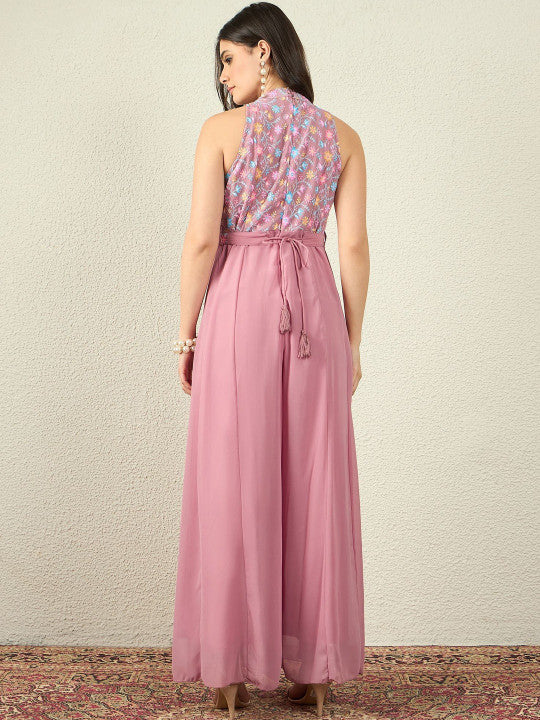 Embroidered Halter Neck Jumpsuit for Women | Sleeveless Polyester Casual Wear