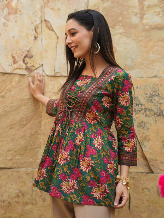 Women’s Floral Printed Rayon Peplum Top – V-Neck Tie-Up Kurti