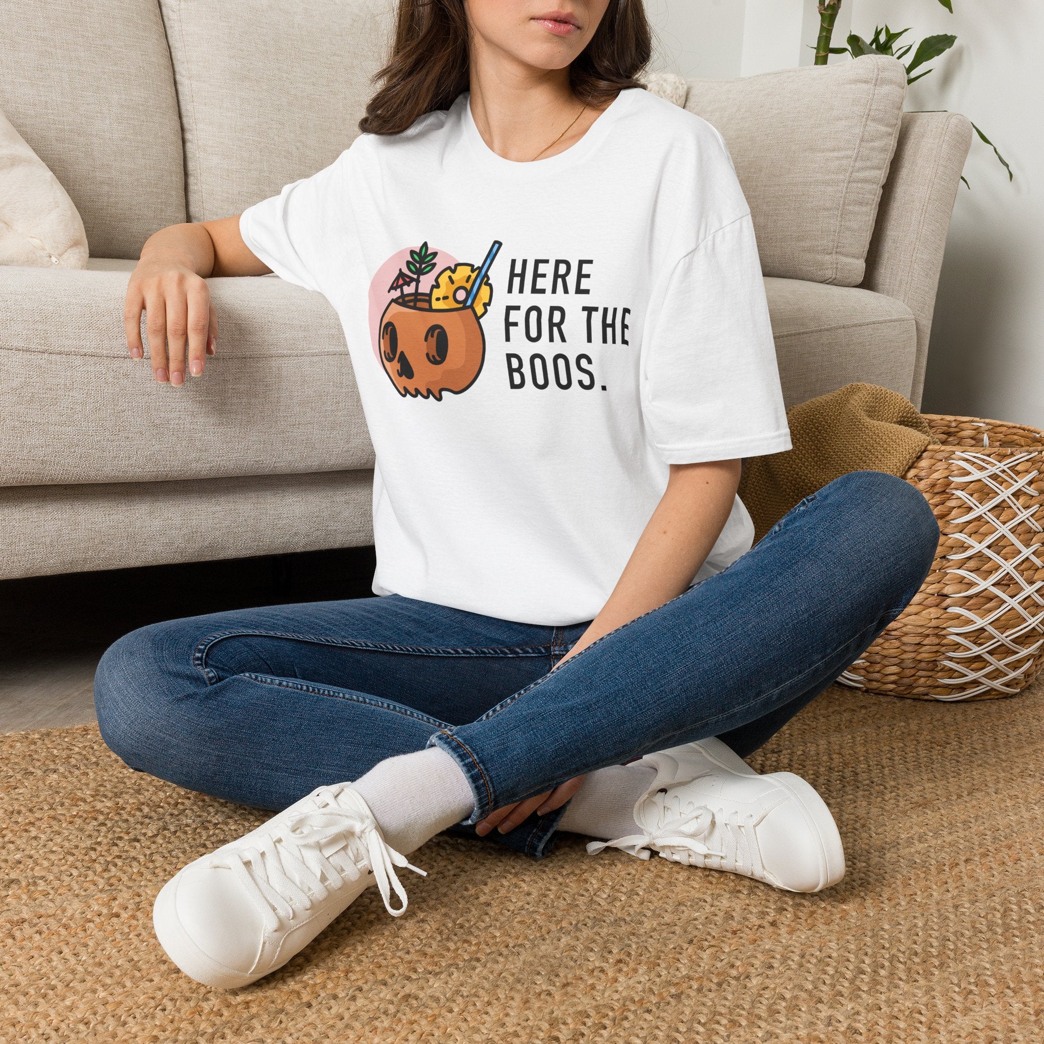 T-Shirt — "Here For The Boos" Halloween Pumpkin Cocktail Shirt