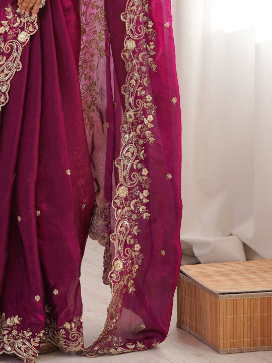 Fuchsia Embroidered Satin Saree for Women