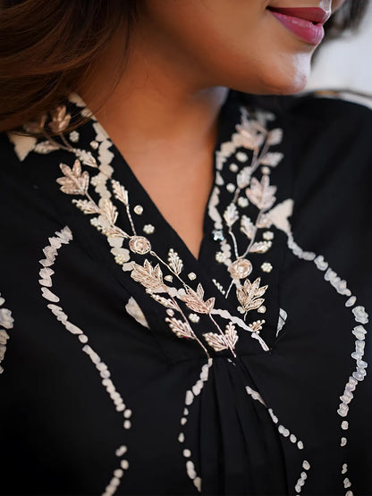 BYMNVYR Black Handwork Kurta Set for Women – Rayon Printed Kurta with Pants, Three-Quarter Sleeves