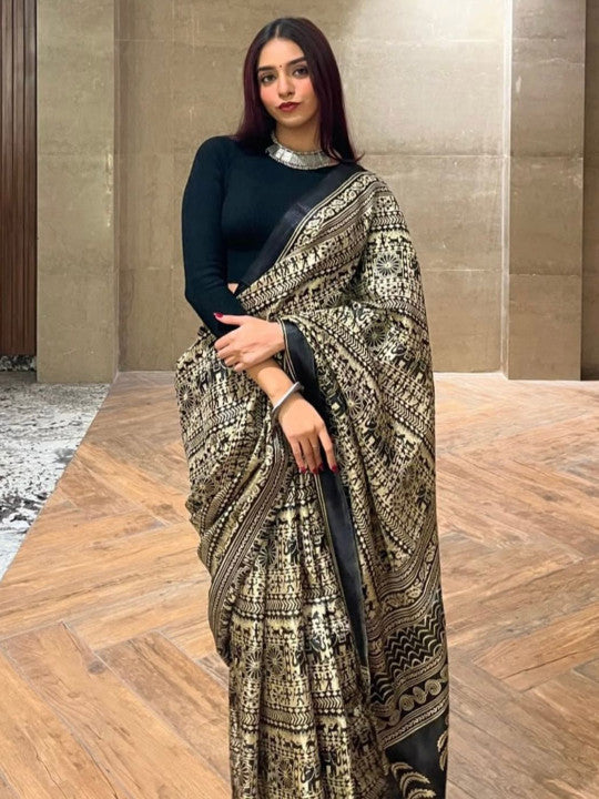 Classic Black & White Ethnic Motif Art Silk Saree – Minimal No Border Style