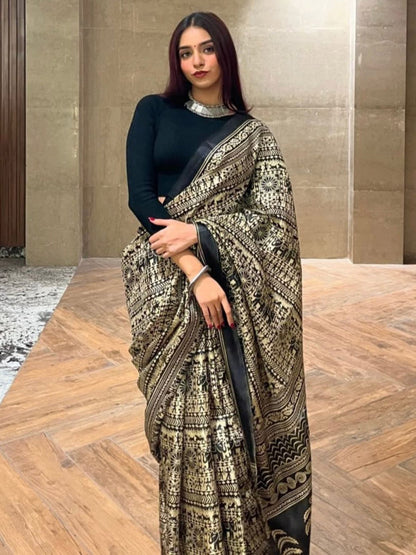 Classic Black & White Ethnic Motif Art Silk Saree – Minimal No Border Style