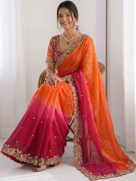 Multicoloured & Orange Ombre Dyed Embroidered Saree