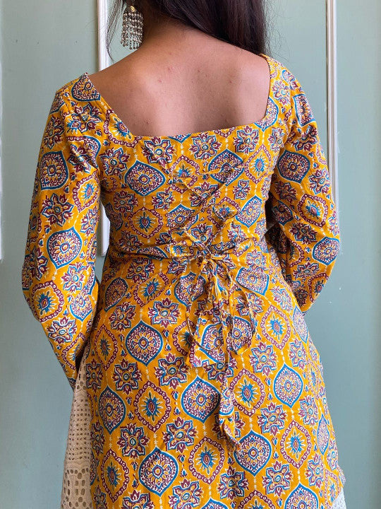 Yellow & Blue Ethnic Motif Printed Cotton Kurti for Women