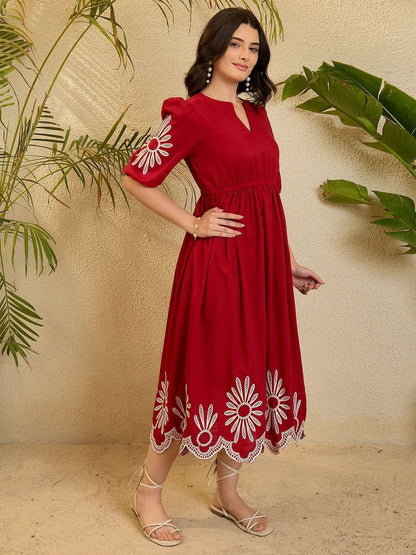 Red Embroidered Fit & Flare Cotton Dress for Women