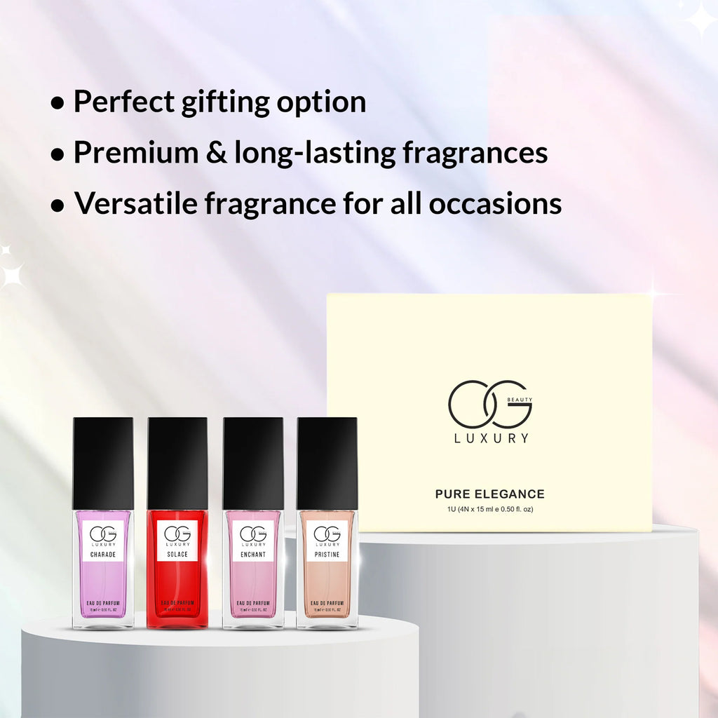 OG Beauty Luxury Pure Elegance Eau De Parfum Gift Set – 4 Pcs Premium Long Lasting Perfumes – Charade, Solace, Enchant & Pristine – 15 ML Each – Unisex Travel & Gift Collection