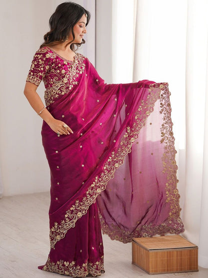 Fuchsia Embroidered Satin Saree for Women