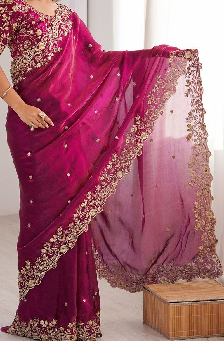 Fuchsia Embroidered Satin Saree for Women