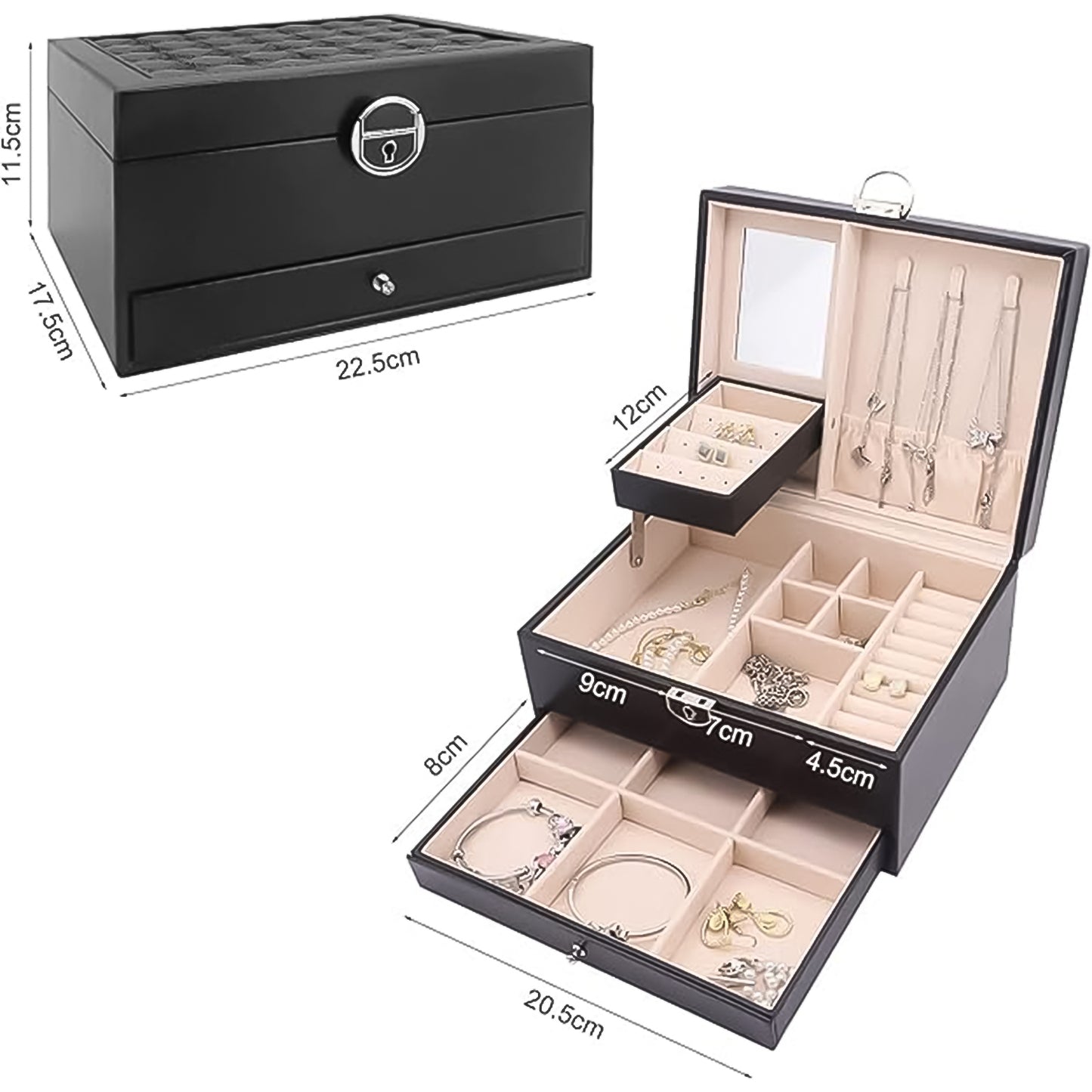 Premium Multi-Layer Jewellery Organizer Box with Mirror & Lock – Velvet-Lined Ring, Earring & Necklace Storage with Sliding Drawer for Tangle-Free Jewellery Organization