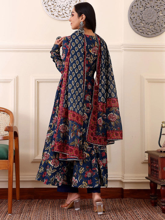 BYMNVYR Blue Floral Anarkali Kurta Set with Dupatta – Rayon Festival & Daily Wear Suit for Women