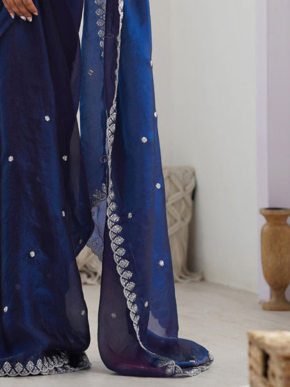 Navy Blue Sequinned Tissue Saree with Embroidered Border
