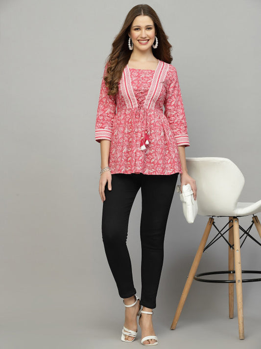 Pink Floral Cotton Empire Top for Women | Longline Square Neck Tie-Up Top