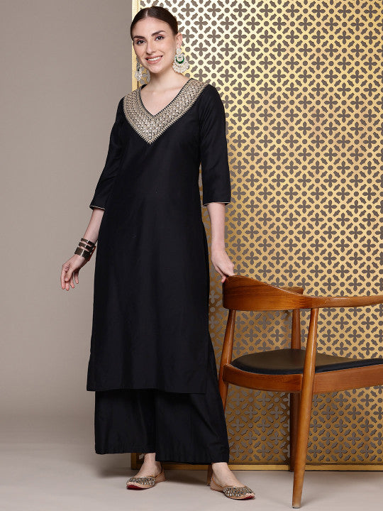 Women Embroidery Yoke Design Straight Kurta with Palazzo – Cotton Kurta Set